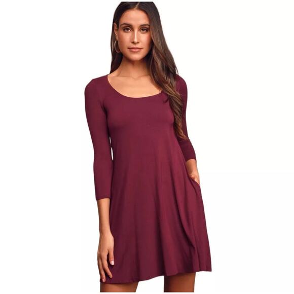 Lulus Twirl Power Dress Swing Womens Sz L Burgundy‎ Stretch Pockets Knee Length - Picture 1 of 10